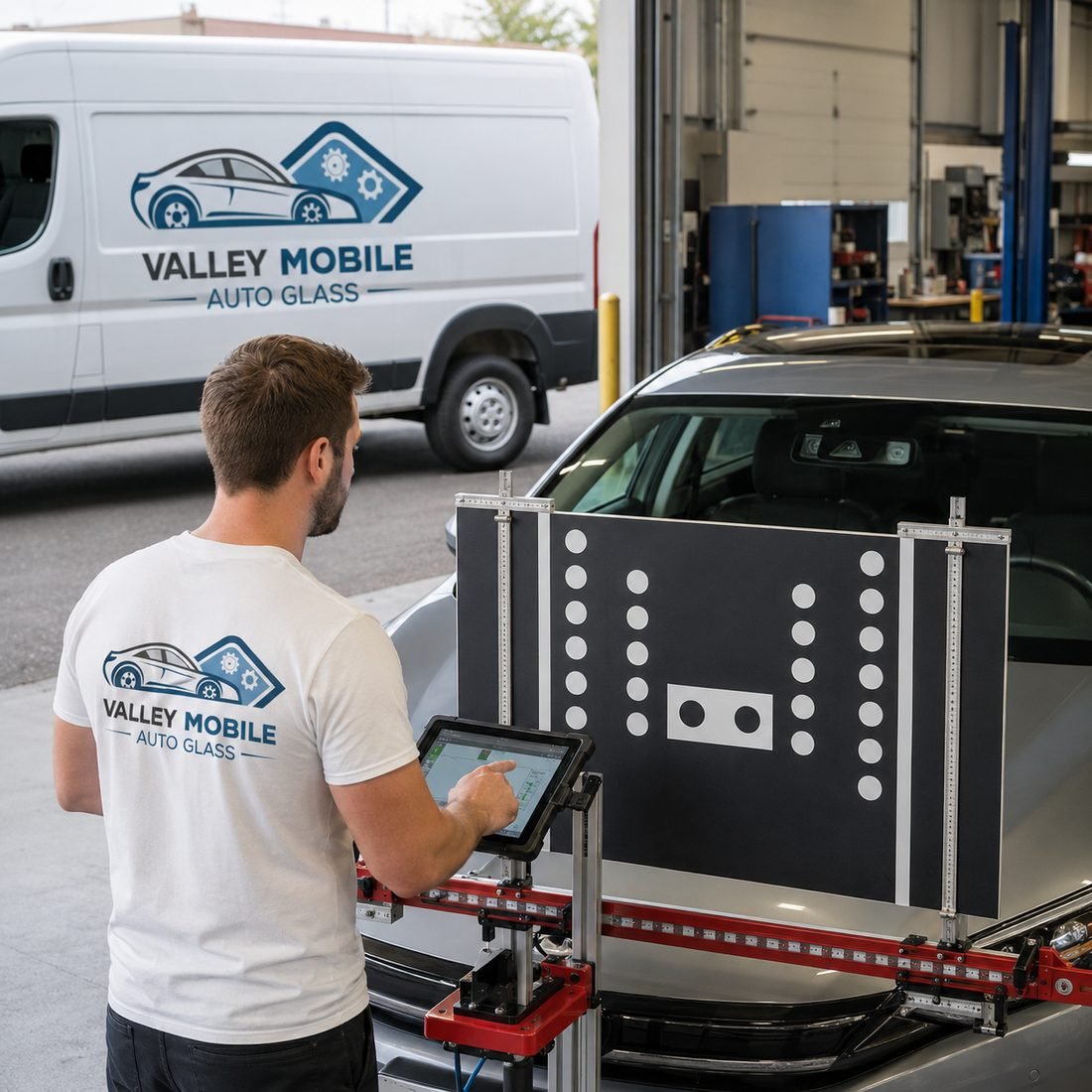 ADAS calibration target board set up in front of a vehicle windshield camera