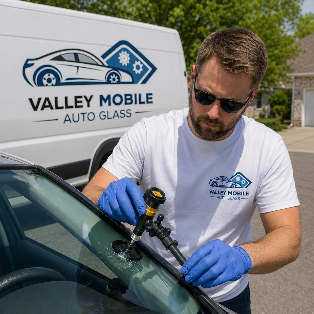 Auto Glass Repair service in progress by a Valley Mobile Auto Glass technician