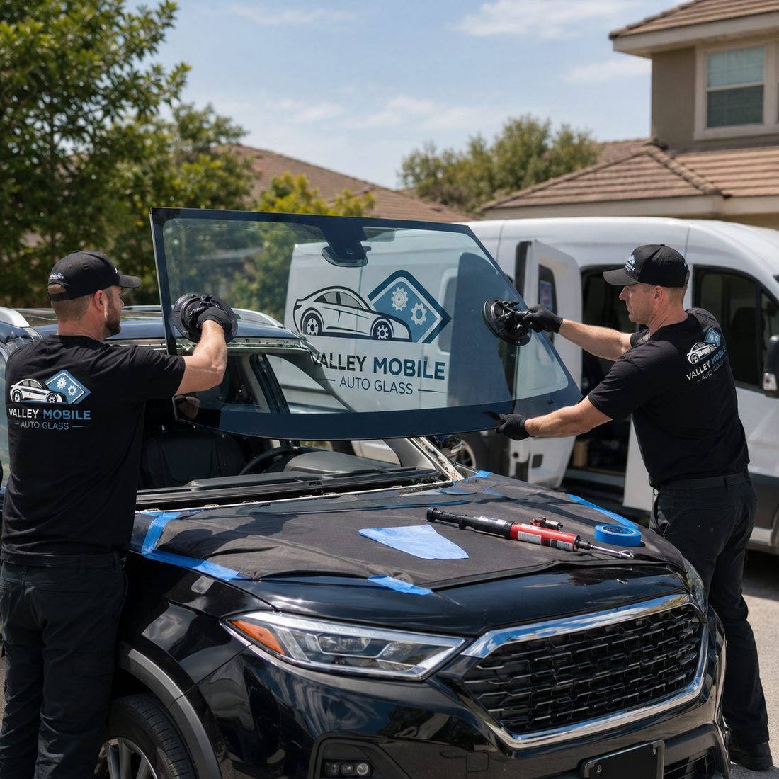 Auto Glass Replacement service in progress by a Valley Mobile Auto Glass technician