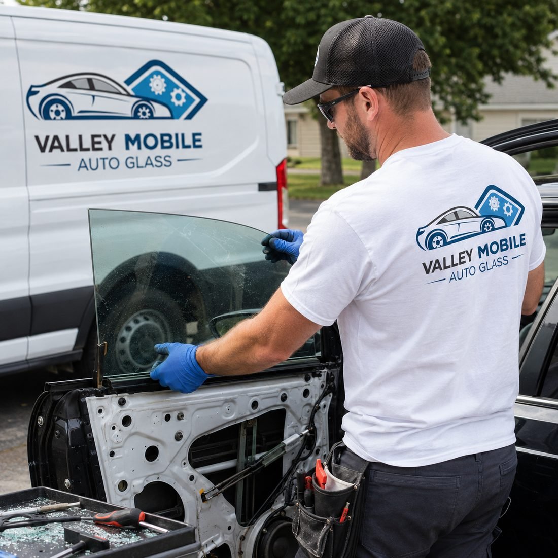 Valley Mobile Auto Glass technician replacing a car door window on site in Pacoima, CA