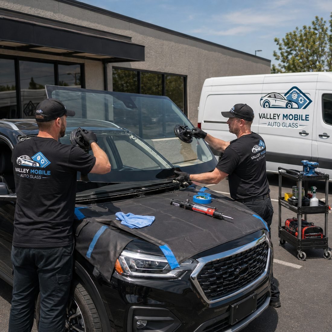 Two Valley Mobile Auto Glass technicians setting a replacement windshield into an SUV beside the company service van