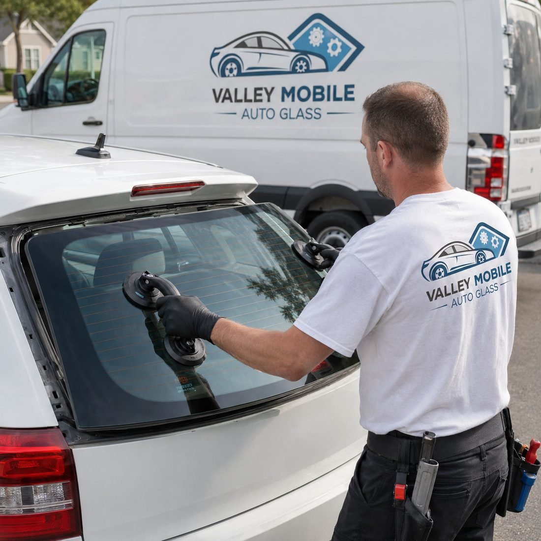Rear Glass Replacement service in progress by a Valley Mobile Auto Glass technician