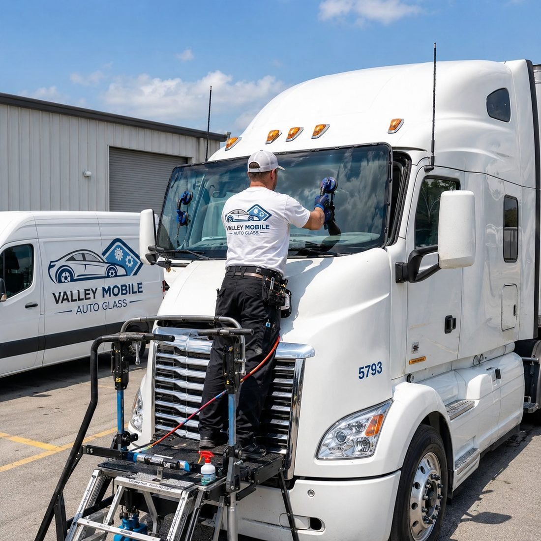 Semi Truck Windshield Repair and Replacement service in progress by a Valley Mobile Auto Glass technician