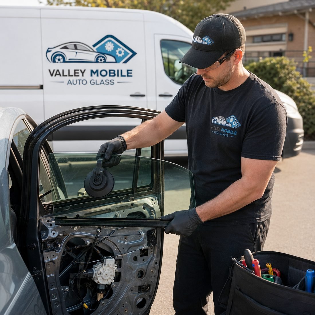 Technician fitting a replacement side window into a vehicle door