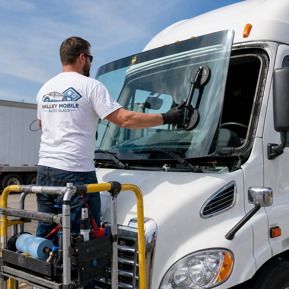 Valley Mobile Auto Glass technician replacing a semi-truck windshield