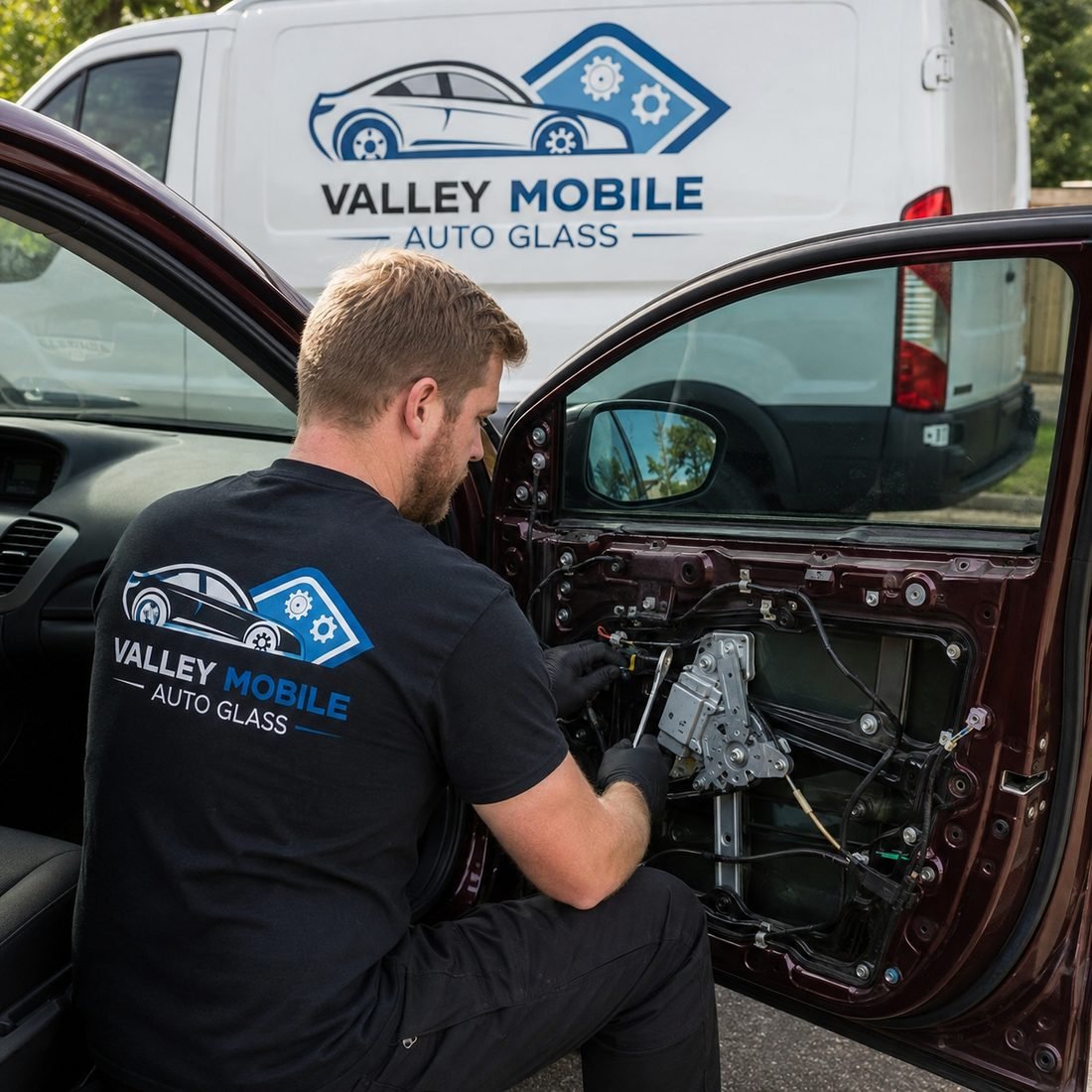 Window Regulator Repair service in progress by a Valley Mobile Auto Glass technician