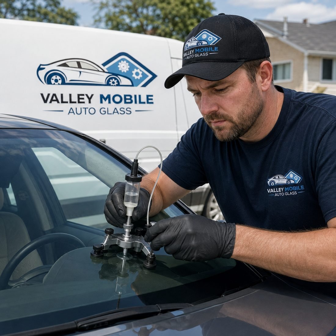 Windshield Repair service in progress by a Valley Mobile Auto Glass technician
